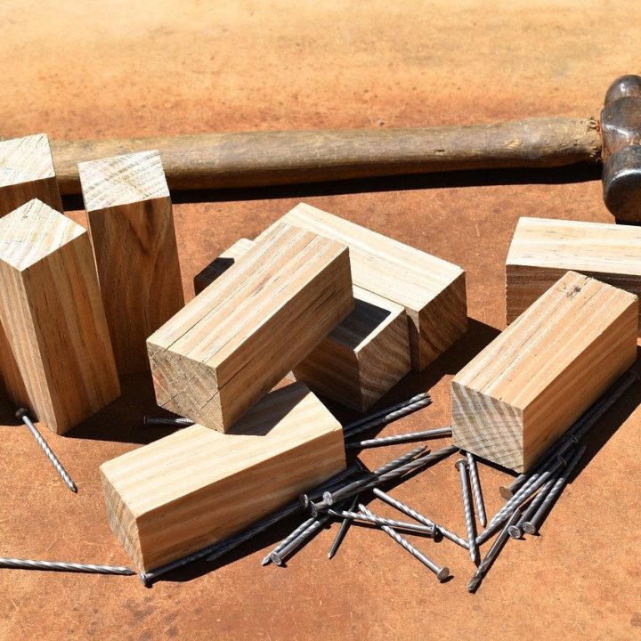 pine carpentry work, nails, hammer
